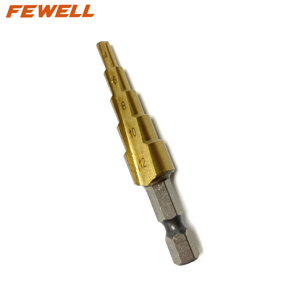 High quality 4-12/20/32/40mm 4241 Hexagon Shank spiral flute Titanium Step Drill Bits for Metal Drilling
