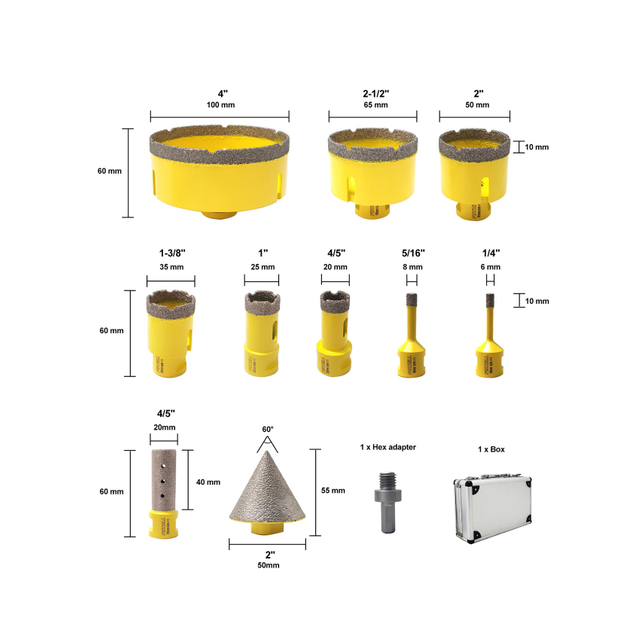 FEWELL 11pcs Diamond Tile Hole Saw Kit with 5/8-11,Diamond Core Drill Bit Set for Porcelain Ceramic Tile Marble Granite