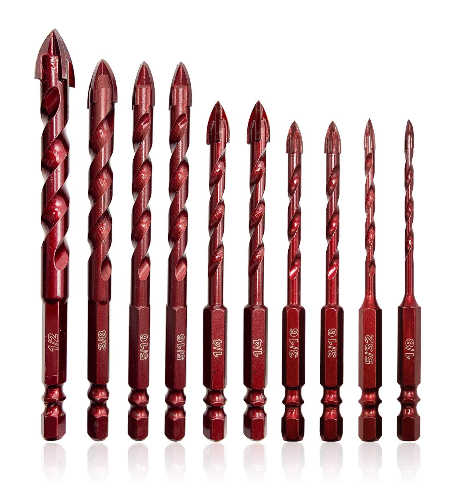 10 Pcs Size 1/8" to 1/2" High Cobalt Professional Masonry Drill Bit Set for Tile Glass Metal Brick Concrete Plastic Wood