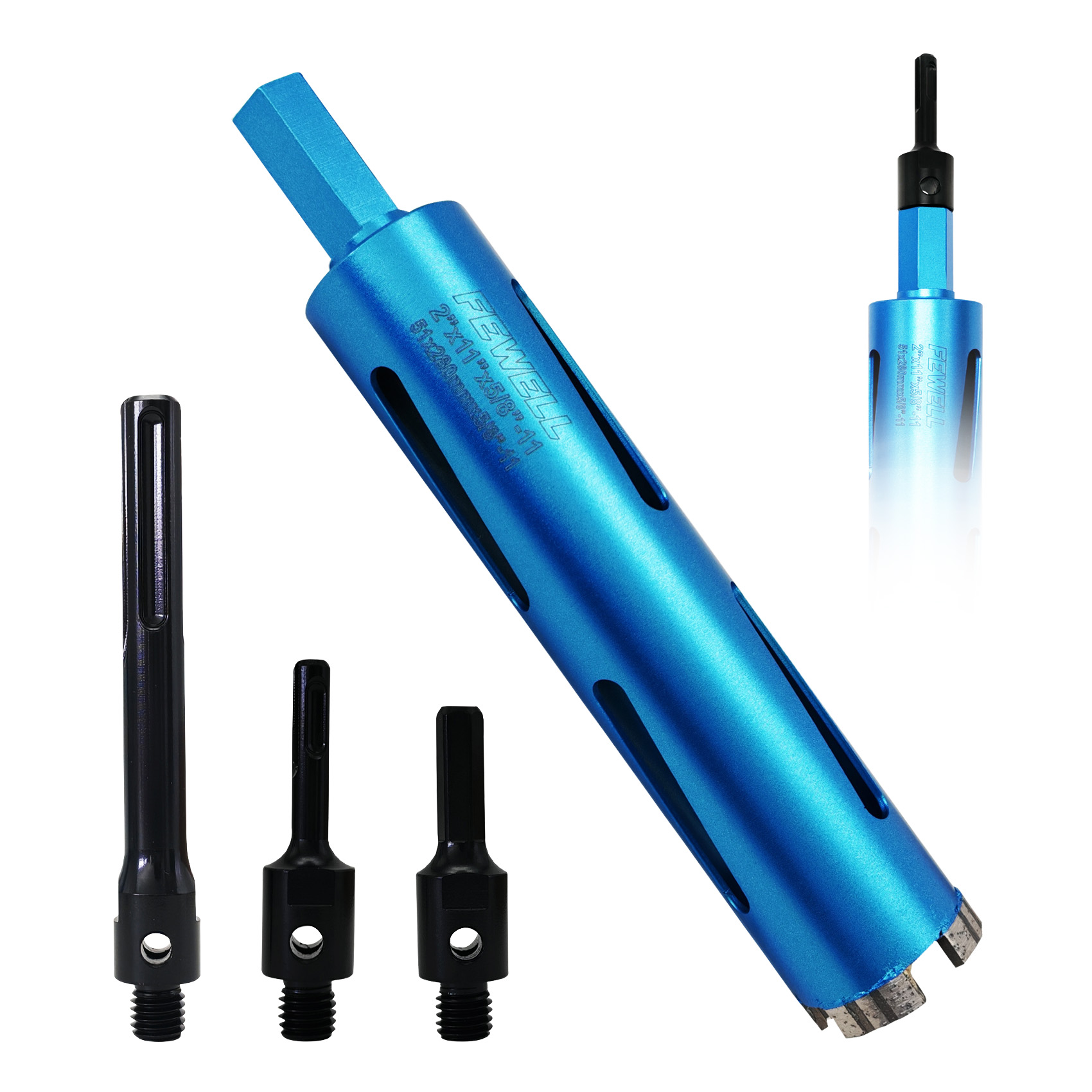 Laser Welded Diamond Core Drill Bit 280mm 5/8"-11 Thread with SDS & 1/2" Hex Adapters for Concrete Brick Block Masonry