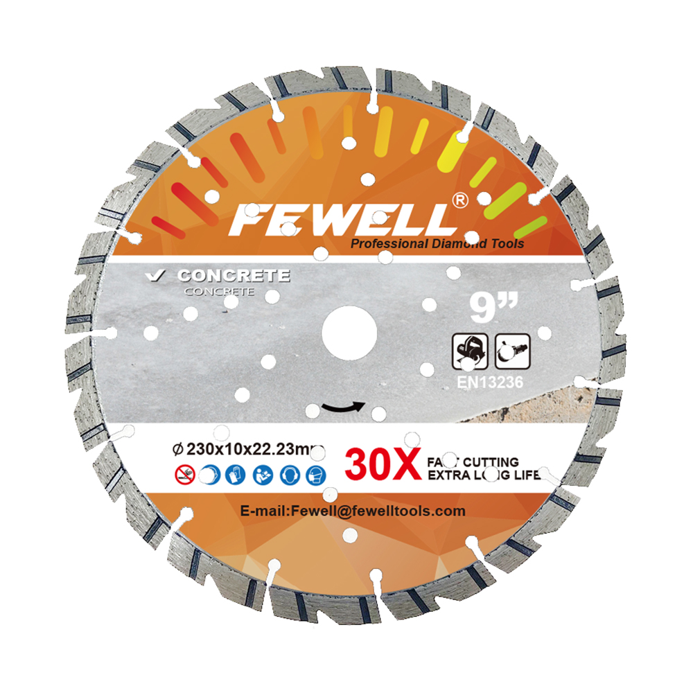 High quality Laser welded 9inch 230*2.6*10*22.23mm with cooling holes diamond saw blade for cutting concrete beton