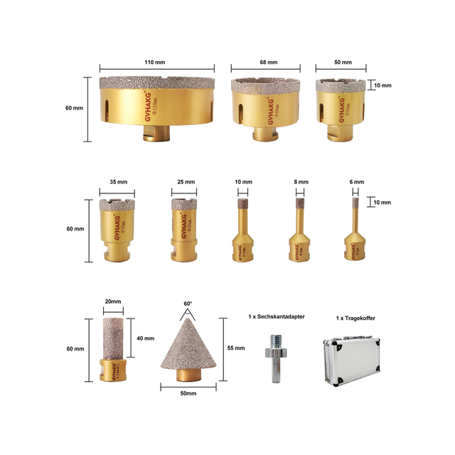 11pcs Hole Saw with M14 Thread Diamond Vacuum Brazed Core Drill Bit Set for Porcelain Ceramic Tile Marble Granite