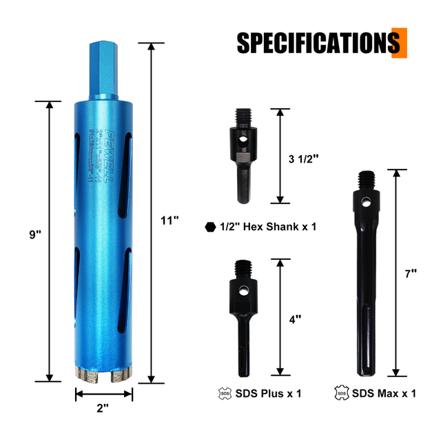 Laser Welded Diamond Core Drill Bit 280mm 5/8"-11 Thread with SDS & 1/2" Hex Adapters for Concrete Brick Block Masonry