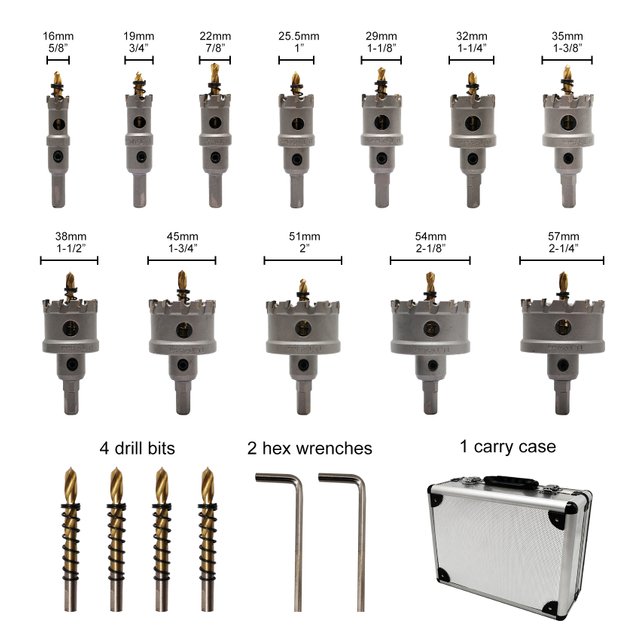 16Pcs TCT Hole Saw Kit 5/8" to 2-1/4" Inch Carbide Hole Saw Kit for Metal, Stainless Steel, Iron, Carbide, Copper, Aluminum