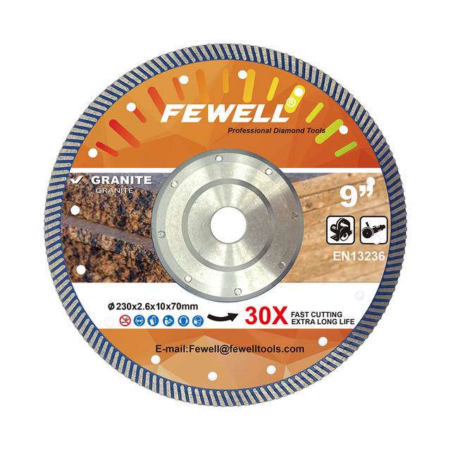 High quality Hot Press 9inch 230*2.6*10*70mm with 22.23mm aluminum flange center diamond turbo saw blade for cutting granite