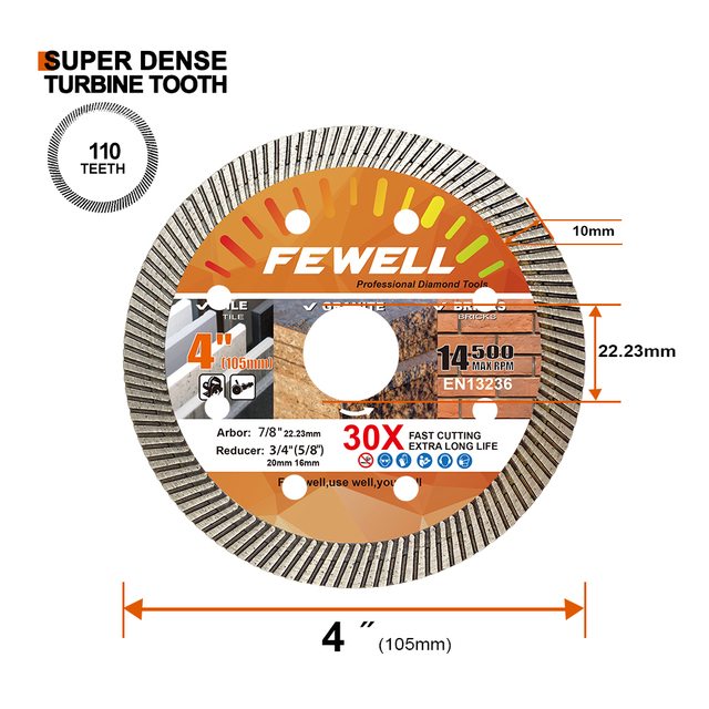 High quality hot press 4inch 105*10mm thin turbo diamond saw blade for cutting tile bricks granite concrete marble