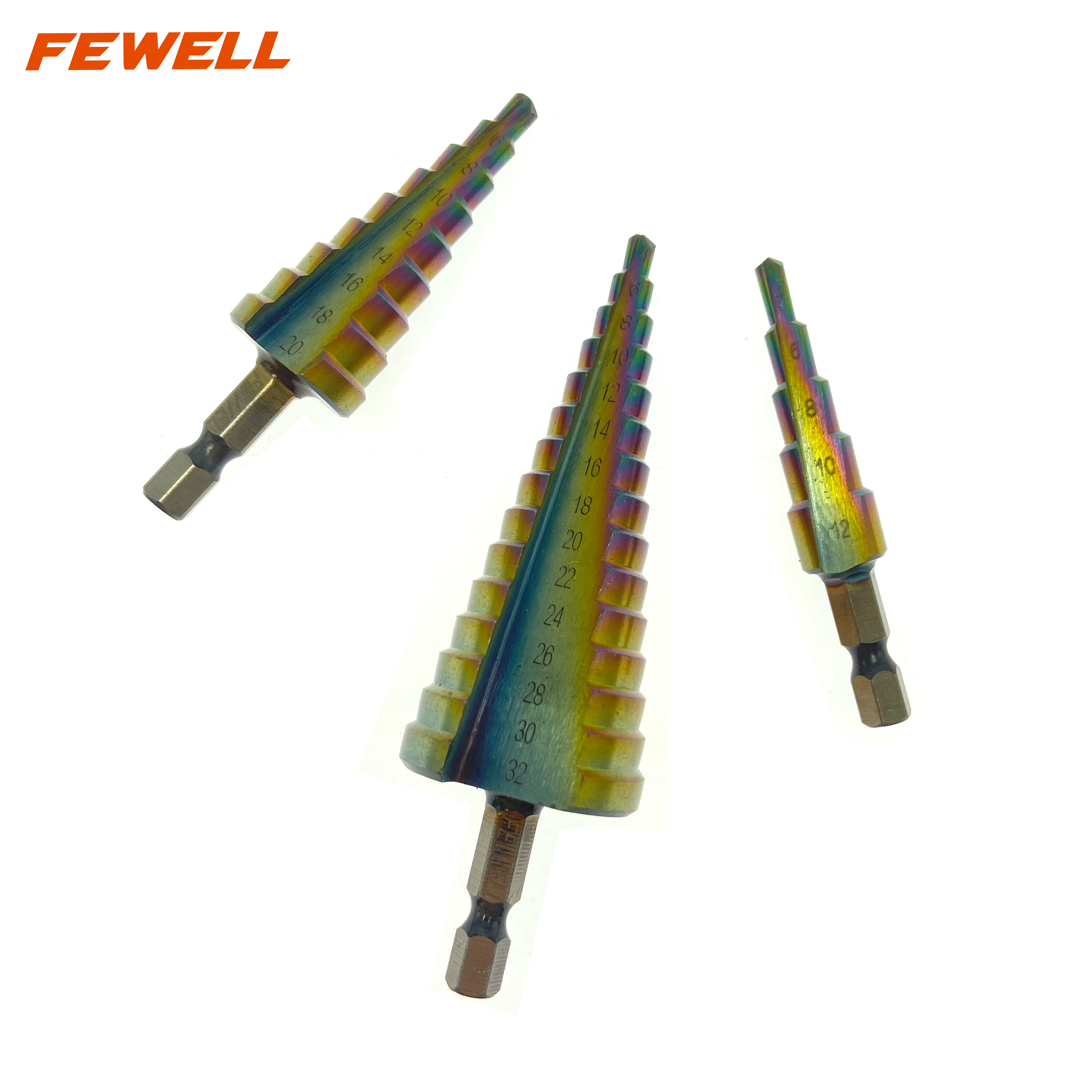 High quality 3PCS 4-12mm 4-20mm 4-32mm HSS 6542 Hexagon Shank straight flute Titanium Step Drill Bits for Metal Drilling