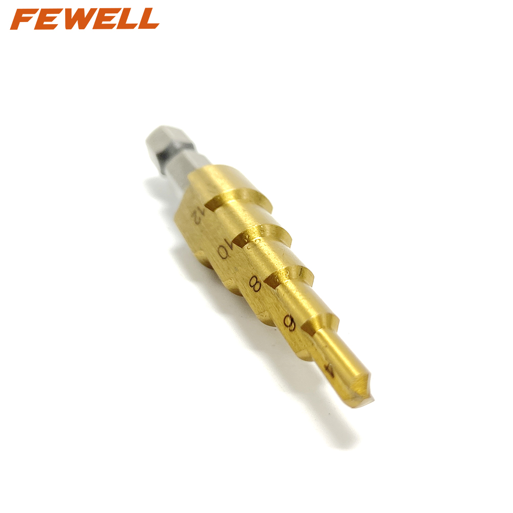 High quality 4-12/20/32/40mm 4241 Hexagon Shank spiral flute Titanium Step Drill Bits for Metal Drilling