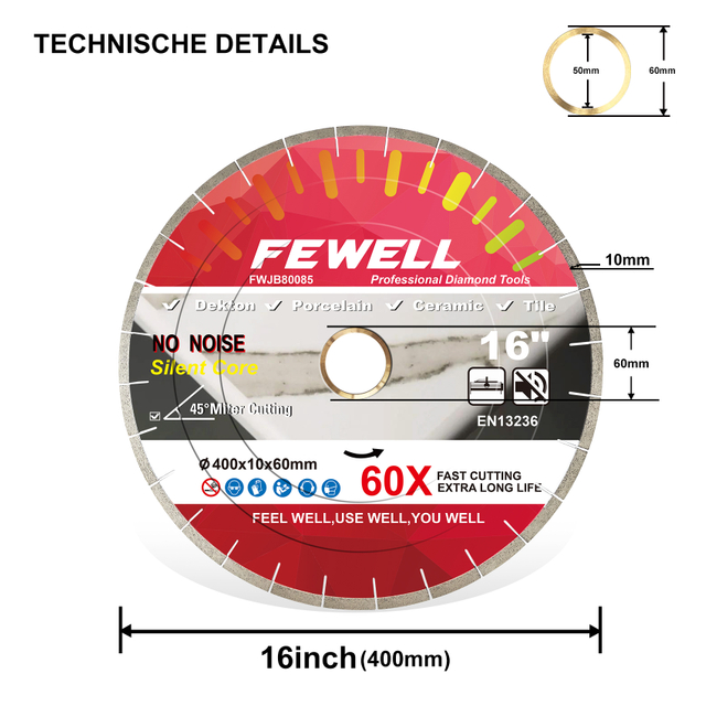 16inch 45° Miter Cutting Double Step Silent Dekton Diamond Saw Blade 10mm Segment Wet Cutting Dekton Tile Porcelain Ceramic