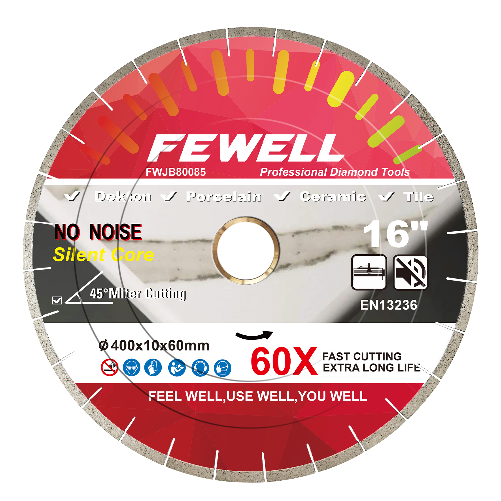 16inch 45° Miter Cutting Double Step Silent Dekton Diamond Saw Blade 10mm Segment Wet Cutting Dekton Tile Porcelain Ceramic