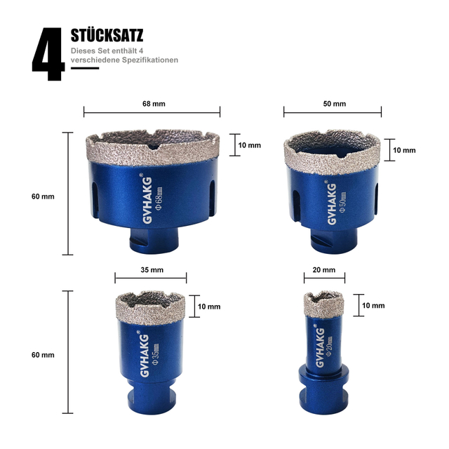 4Pcs M14 Thread Diamond Hole Saw Core Drill Bits Set 20/35/50/68mm, Drilling Tool for Tile, Porcelain, Ceramic, Marble, Granite