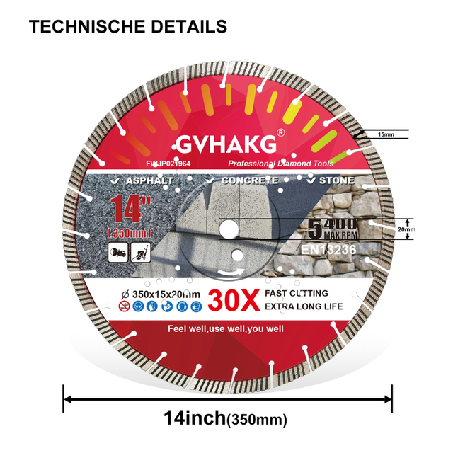 14" 350mm Turbo Diamond Blade 15mm Segment Height for General Purpose, Diamond Saw Blade for Asphalt, Concrete & Stone